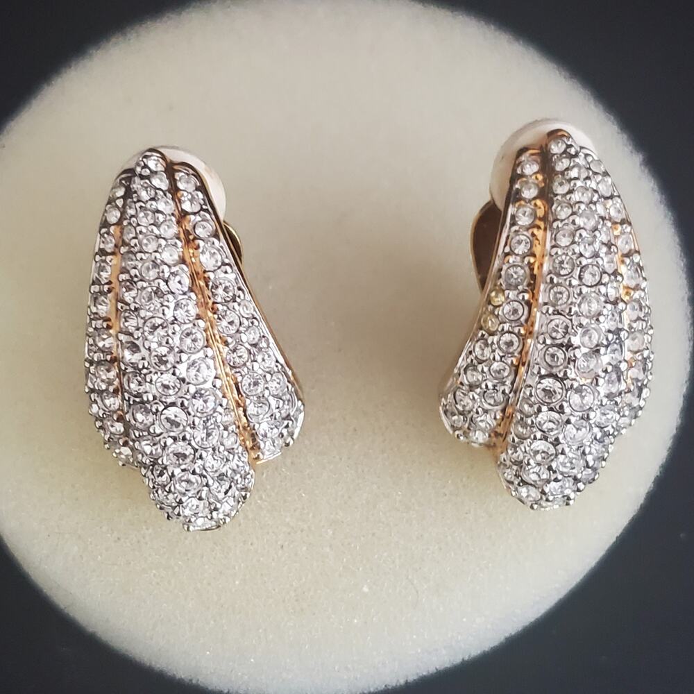 VTG Swarovski Large Earrings Clip On Pave Crystals Gold Plated 80's Swan Signed - Picture 3 of 8